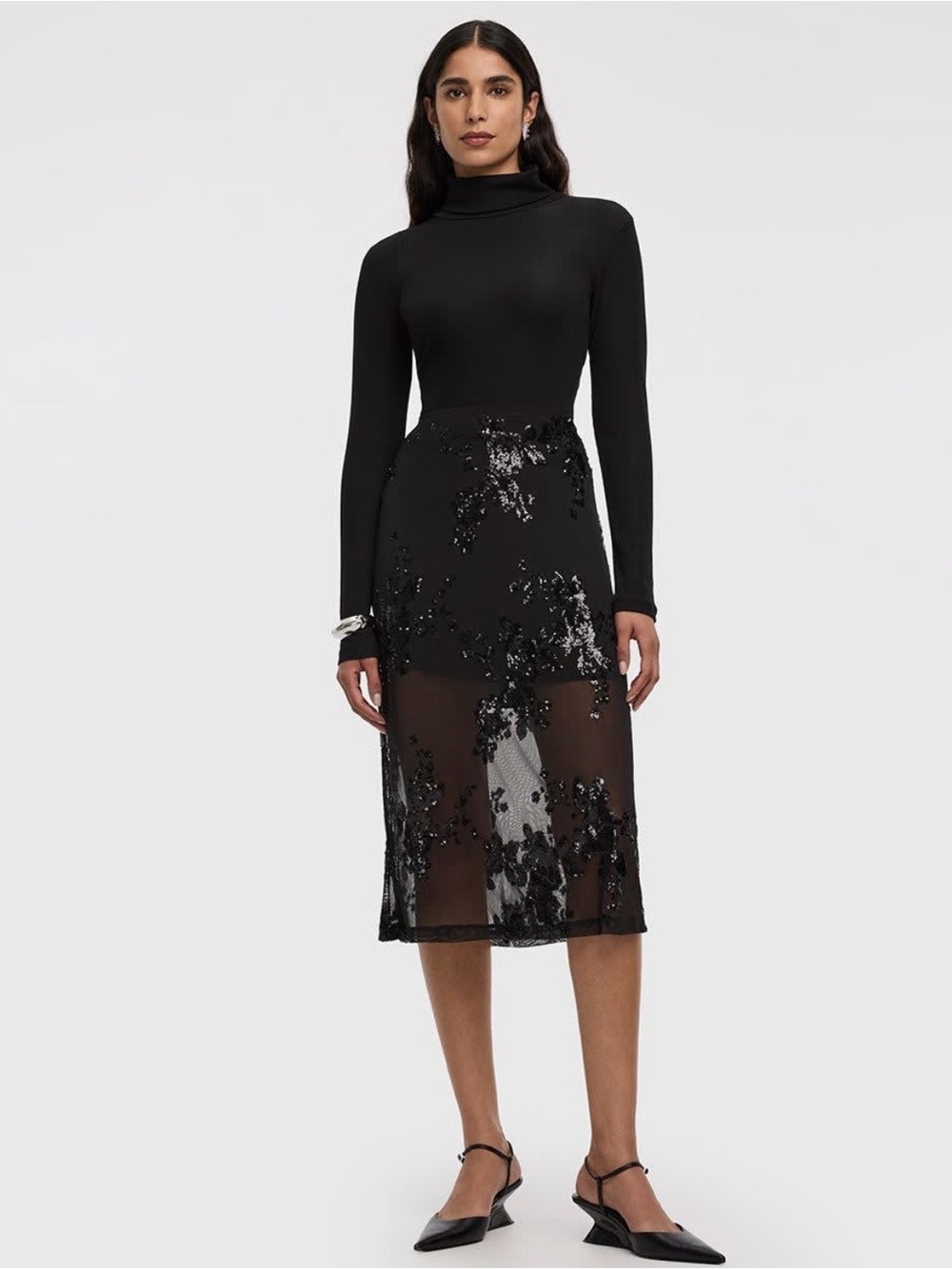NWT Reitmans Black Sheer/Sequins Midi Skirt Size Large